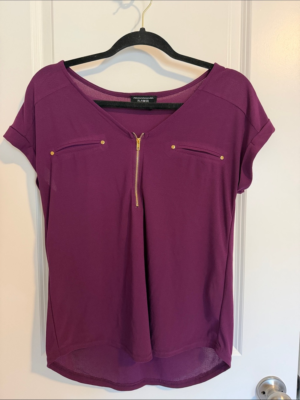 Women's Plum Zip Front Short Sleeve Top